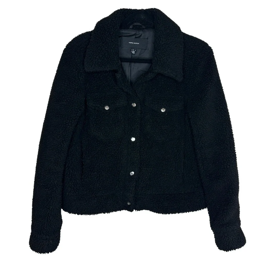 Vero Moda Black Teddy Fleece Button Up Jacket Sherpa Lined Women's Medium - Picture 2 of 6